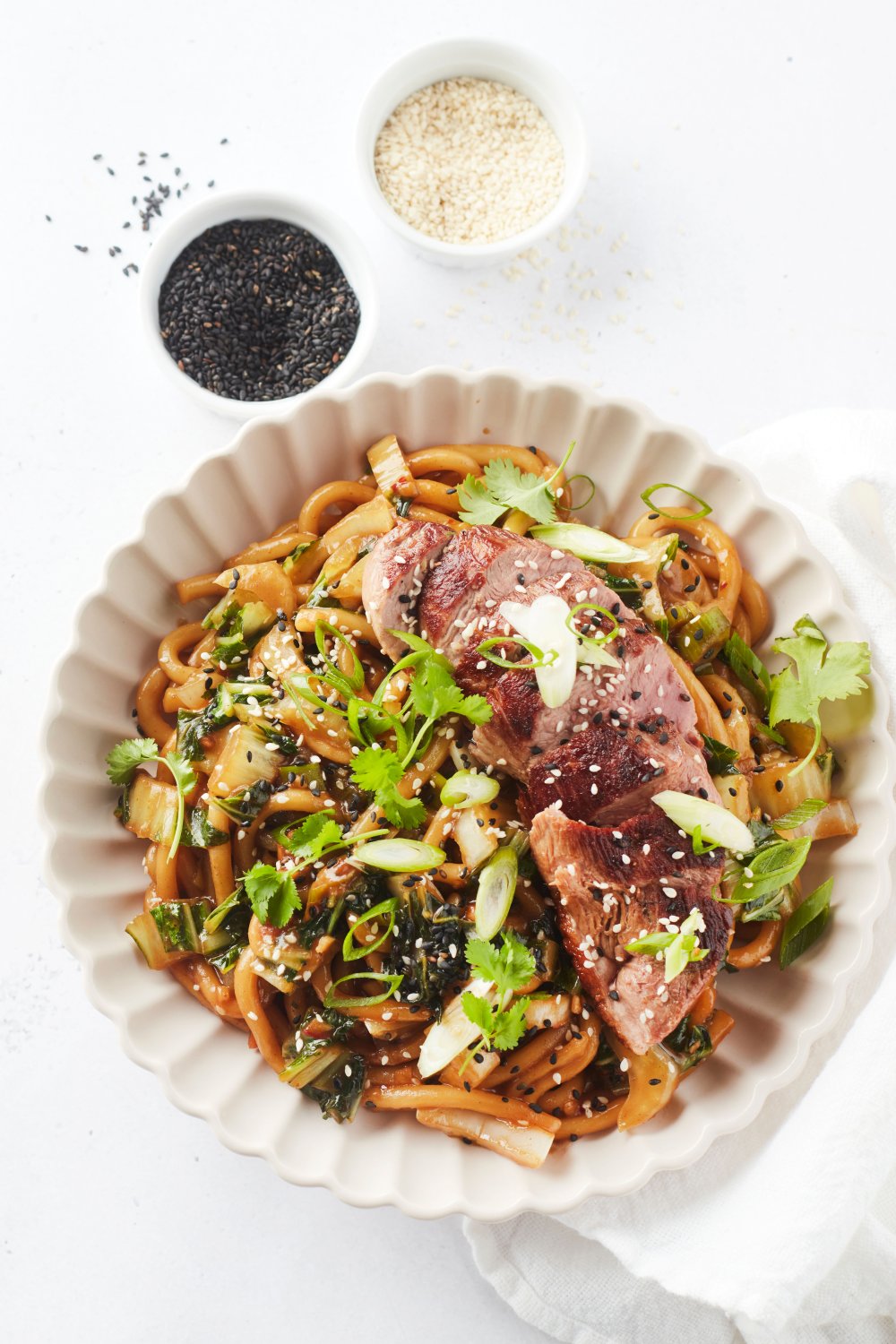 Udon noodles met teriyaki en eend