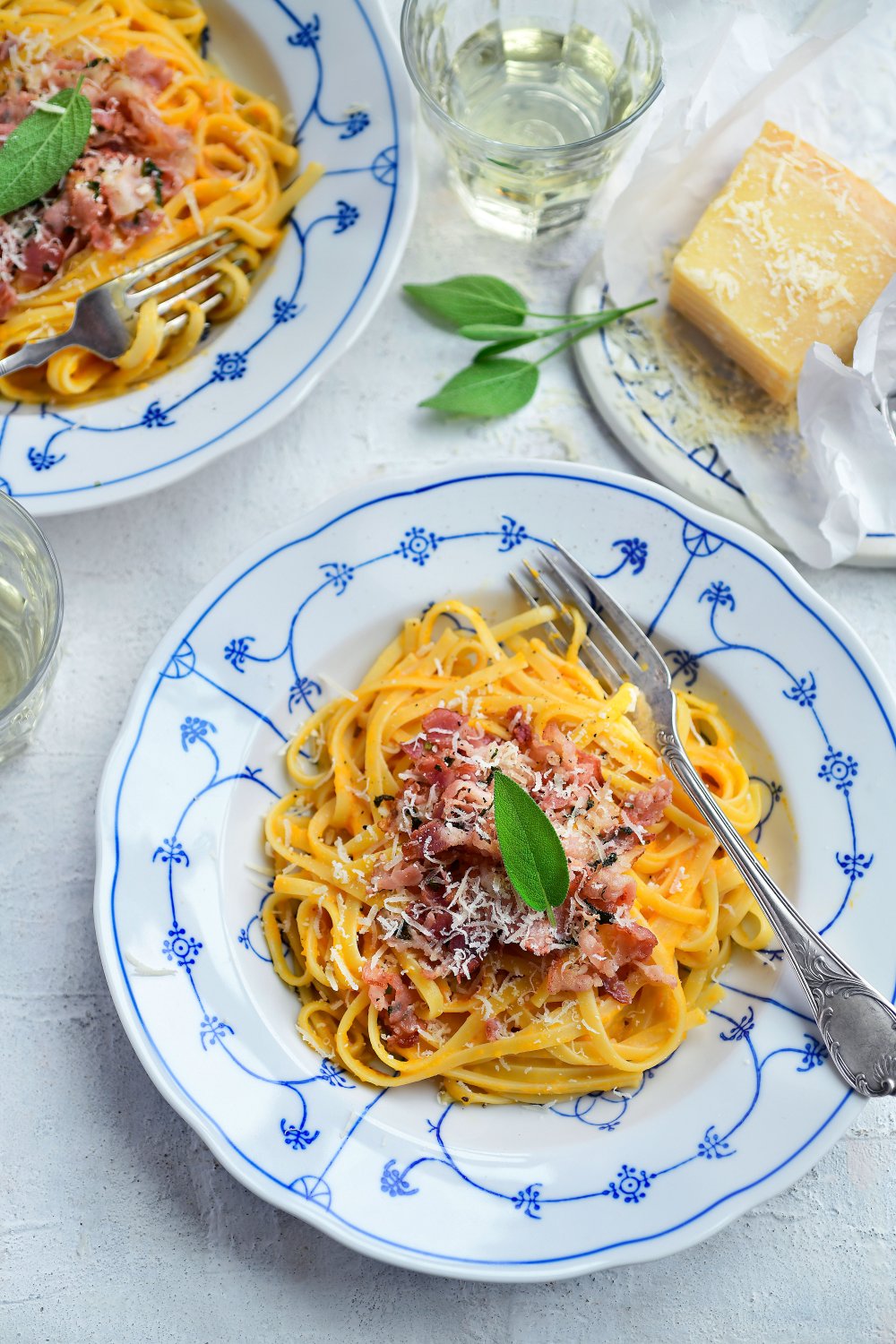 Pasta carbonara met pompoen