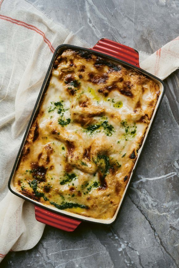 Vegan pompoenlasagne met champignons