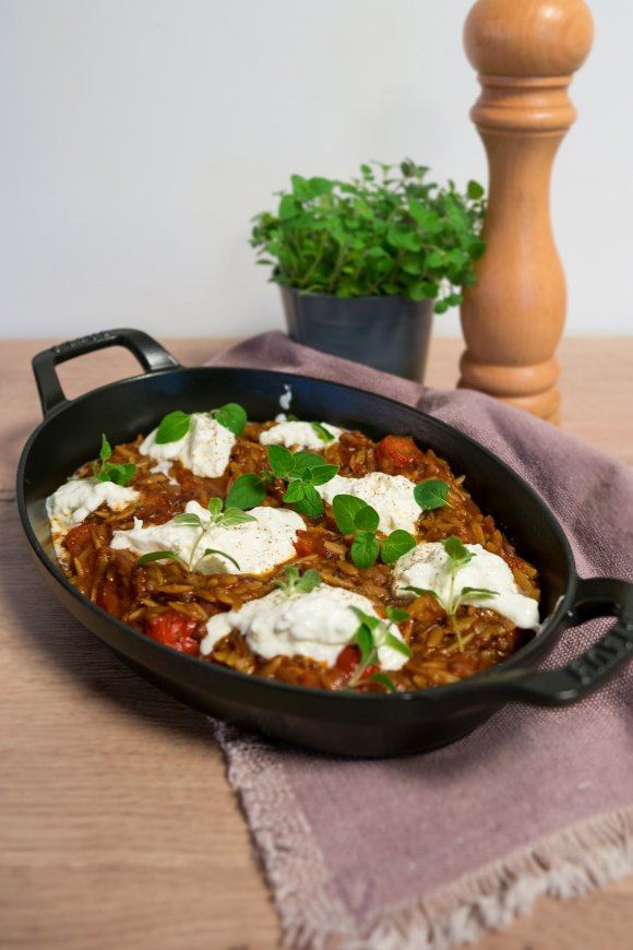 Orzo risotto met spekblokjes en burrata