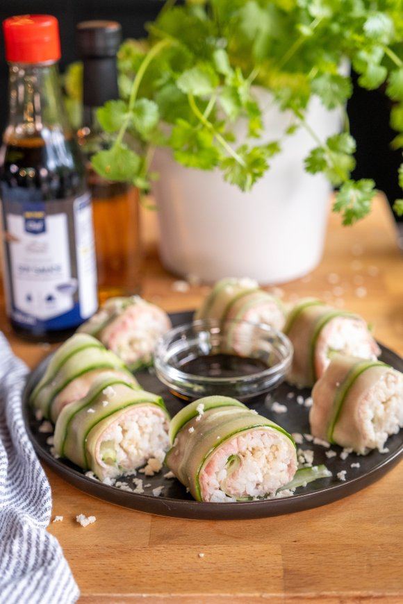 Komkommersushi met rosbief en wasabimayonaise