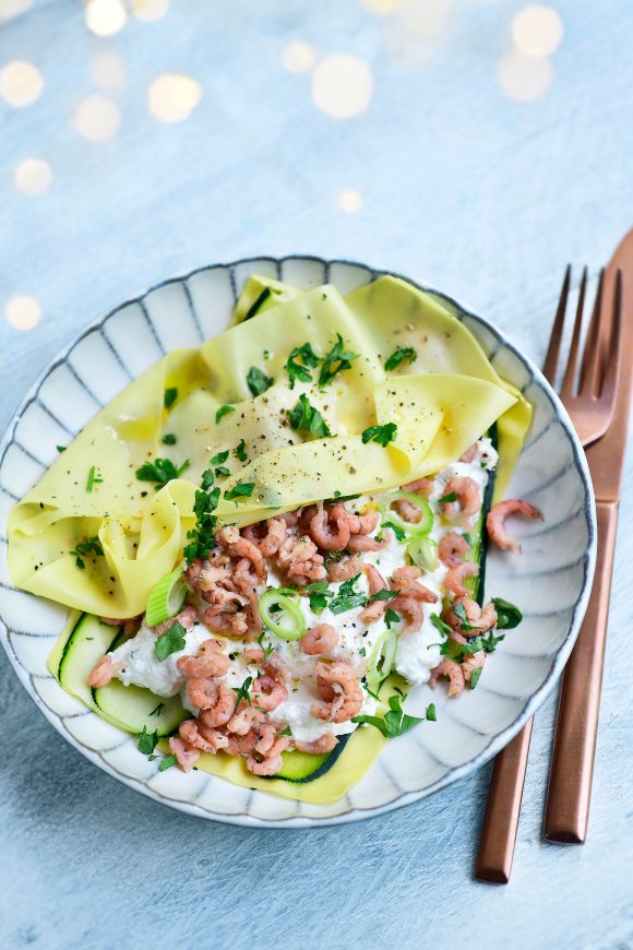 Open lasagne met ricotta en grijze garnalen