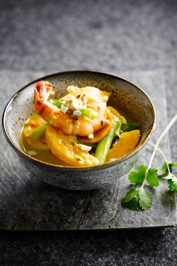 Scampi in curry met pompoen