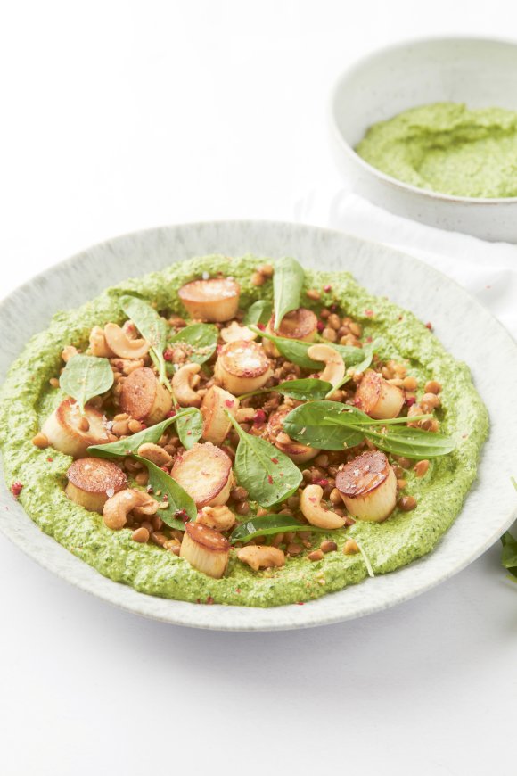 Paddenstoel-coquilles met pesto en linzen