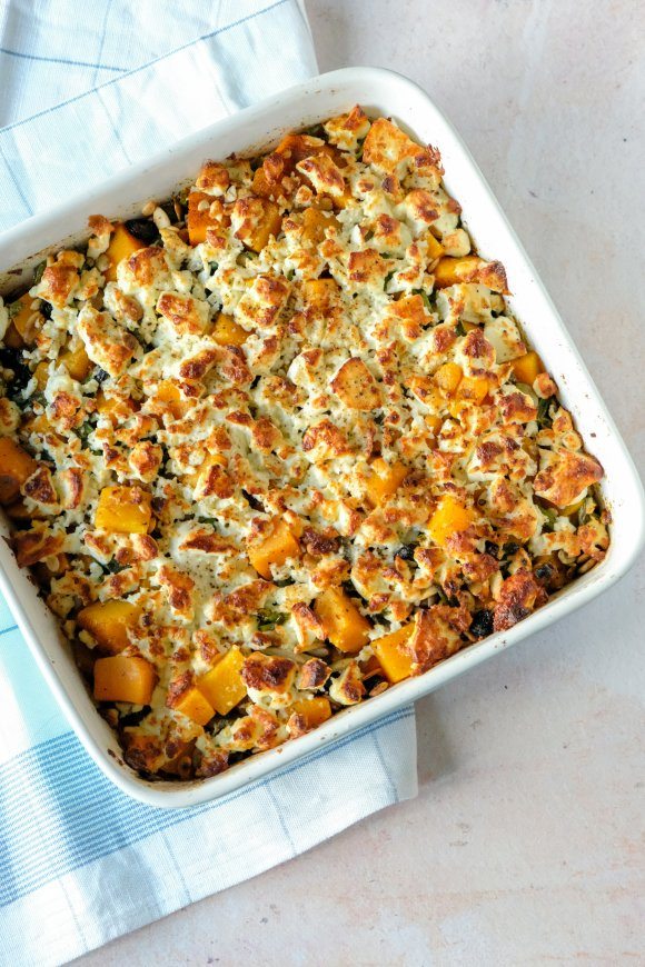 Gratin van pompoen met feta en notencrumble