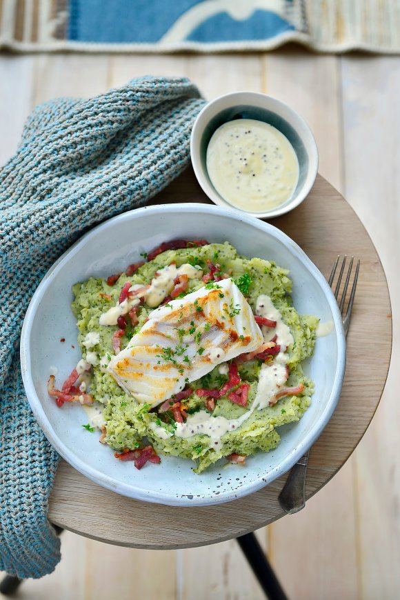 Broccolipuree met kabeljauw en spekjes