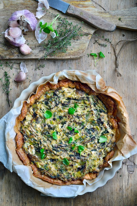 Vegan quiche met prei en waterkers